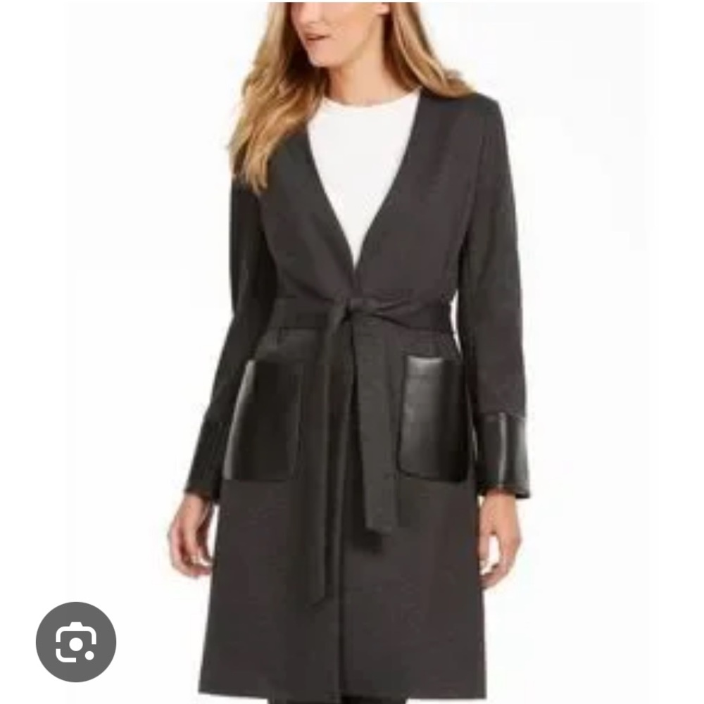 Calvin‎ Klein Faux-Leather-Trim Belted Cardigan Light Gray Size 16